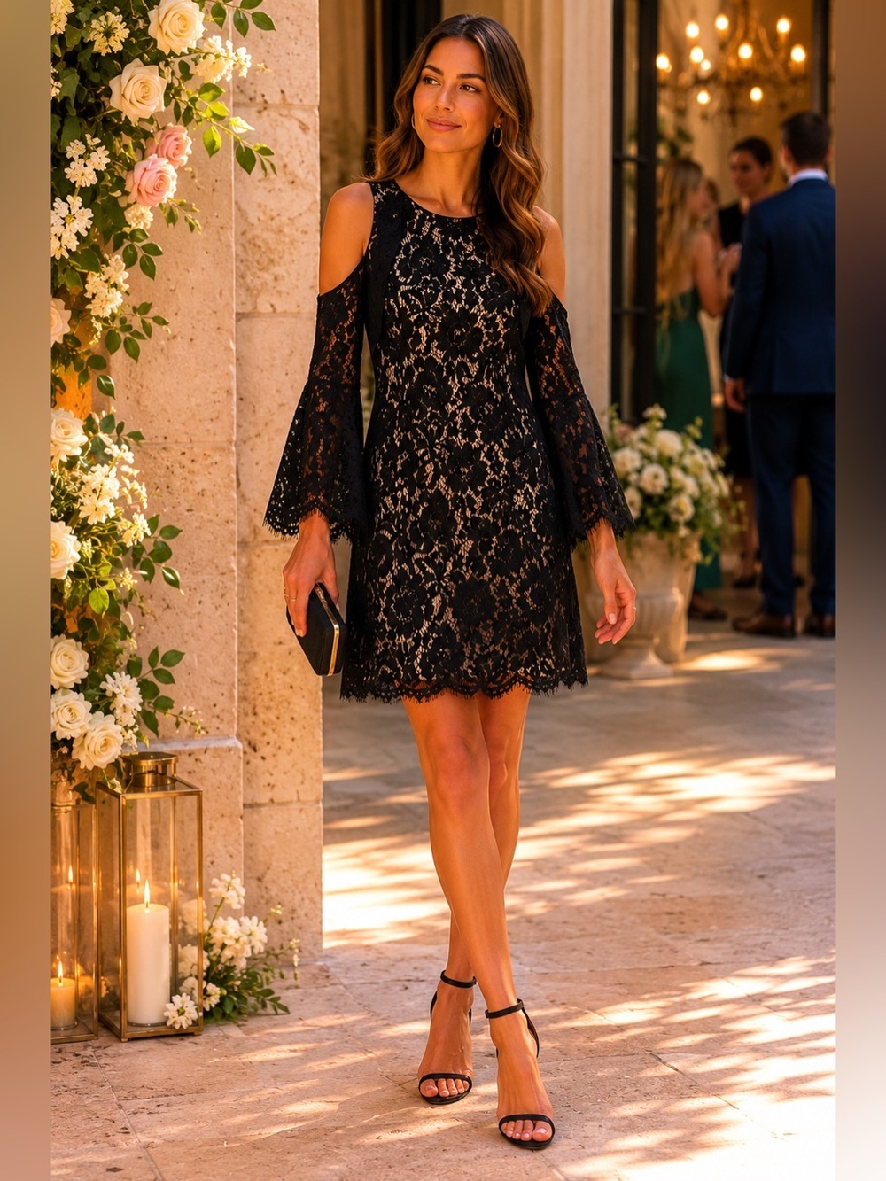 Eliza J Black Lace Mini Dress Cold-Shoulder MSRP $198